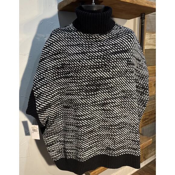 Michael Kors Twill Stitch Turtleneck Poncho Sweater Black Camel Large Academic - Picture 3 of 6